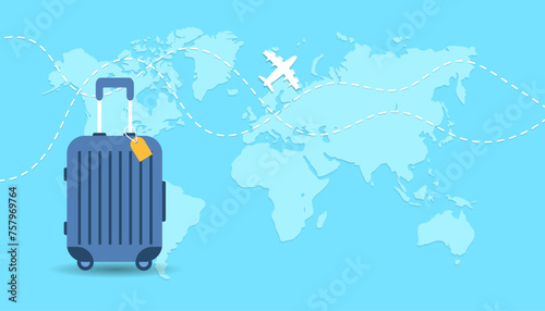 Blue suitcase on background with map, track of travel path and flying airplane icon. Tourism and vacation concept, business trip. Flat vector illustration