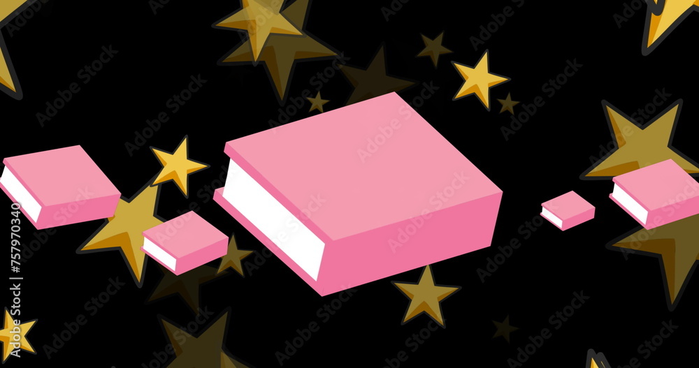 Fototapeta premium Image of glowing stars over pink books on black background