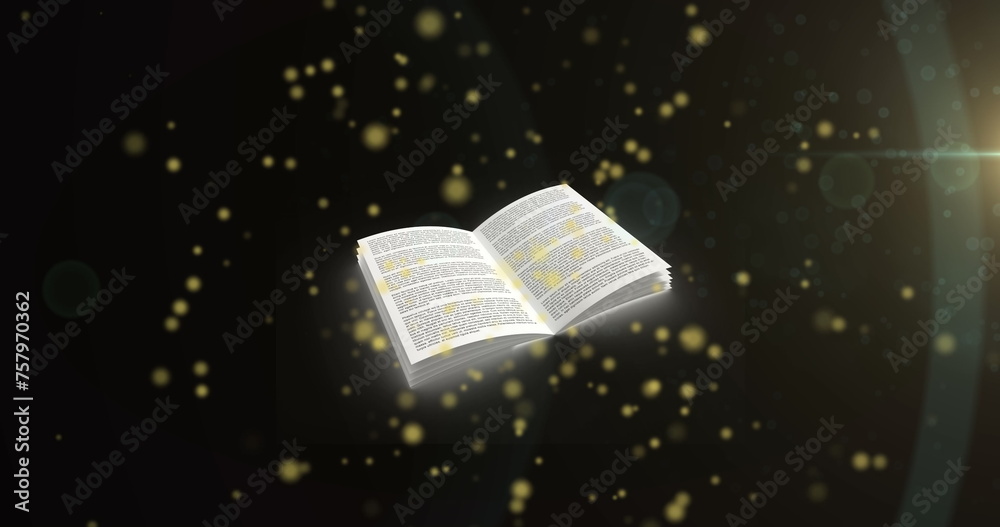 Fototapeta premium Image of yellow glowing spots over open book