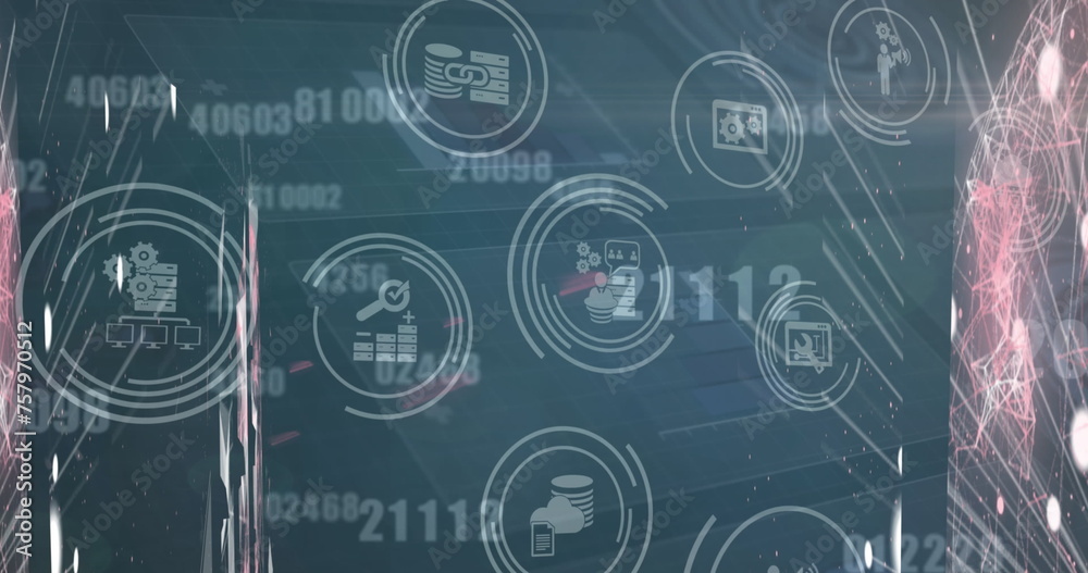 Image of business communication icons over networks of connections and processing data