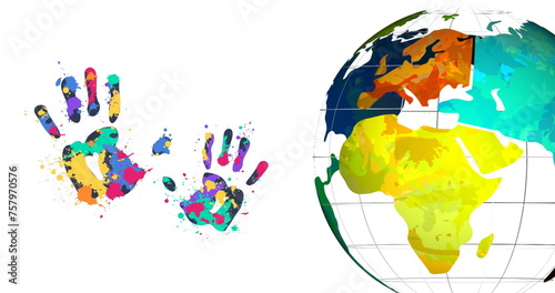 Image of handprints and globe on white background