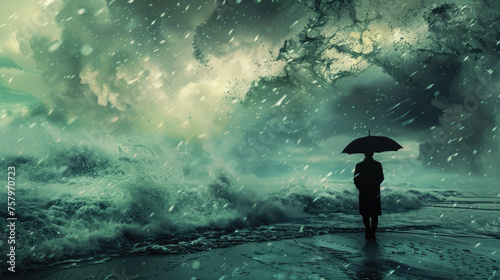 A man holds an umbrella in a storm
