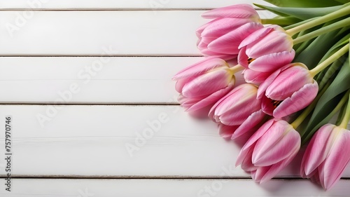 Mother day  pink tulips on white wooden background  top view. Blooms for mom with copy space. Bride beautiful bouquet  Birthday  Valentine day  Easter  Wedding   banner