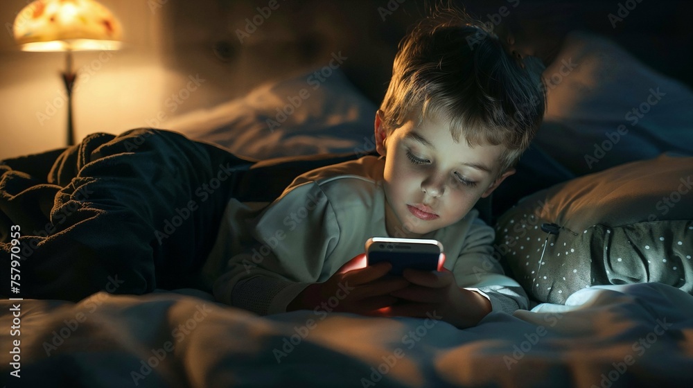 Young child engrossed in smartphone use at night experiencing screen addiction Young child engrossed in smartphone use at night experiencing screen addiction