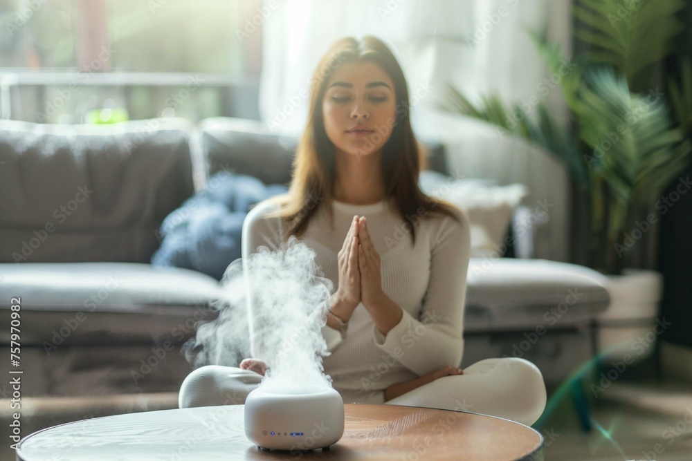 Peaceful woman meditating with aromatherapy from an essential oil diffuser at home Peaceful woman meditating with aromatherapy from an essential oil diffuser at home