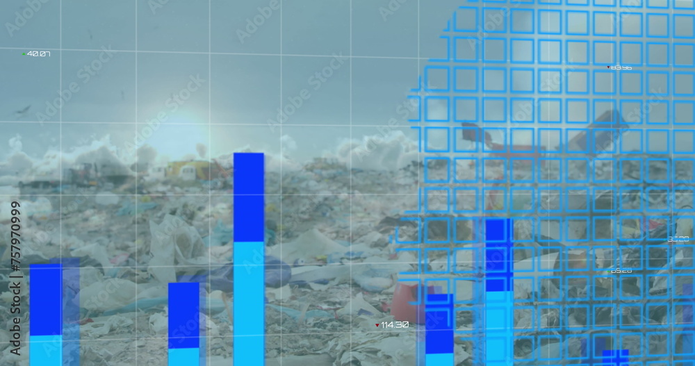 Fototapeta premium Image of graphs and map over sun in clouds and low angle view of dumping ground