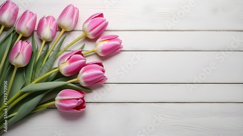 Mother day  pink tulips on white wooden background  top view. Blooms for mom with copy space. Bride beautiful bouquet  Birthday  Valentine day  Easter  Wedding   banner