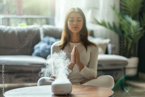 Peaceful woman meditating with aromatherapy from an essential oil diffuser at home