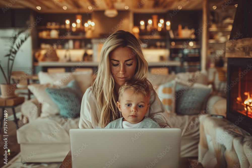 Blonde mother holding a boy while working from home with laptop Blonde mother holding a boy while working from home with laptop