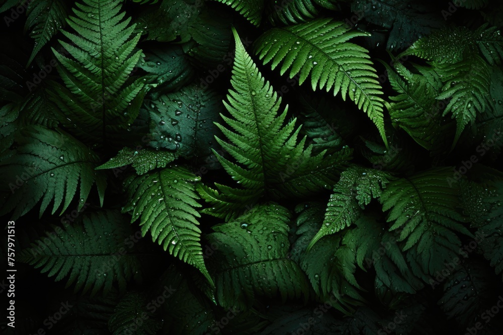 Fern leaves in dark background in the jungle. Dark green fern