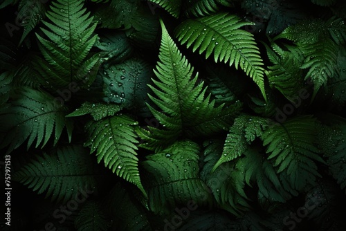 Fern leaves in dark background in the jungle. Dark green fern photo