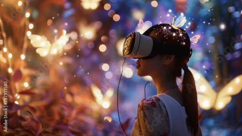 A female is in a virtual fantasy enchanted forest with glowing plants when wearing VR headset.