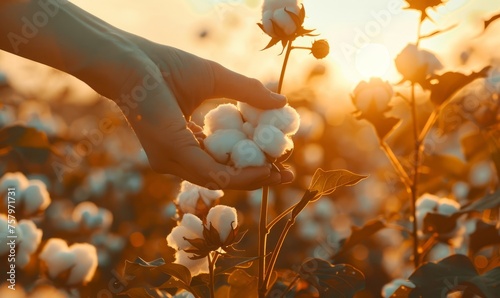 Farmer hand picking white boll of cotton. Cotton farm. Field of cotton plants.