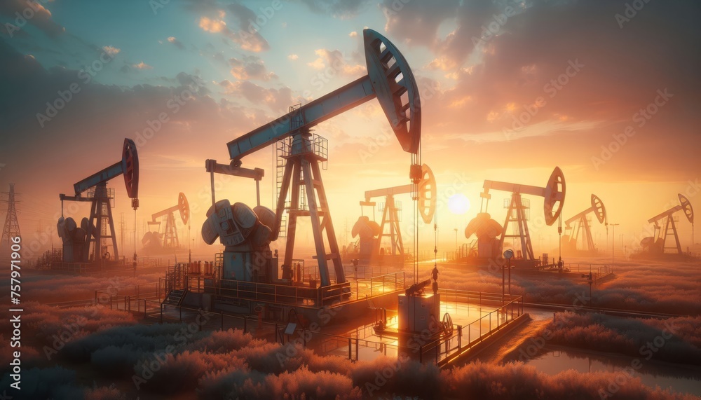 Oil pumps at an oil field, in the golden light from the rising sun. Industrial progress in the natural environment. Oil production. Economic ecological crisis