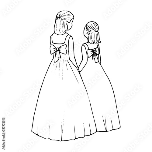 two girls in identical long dresses with a bow on the back stand with their backs turned. hand drawn illustration of flower girls at a wedding