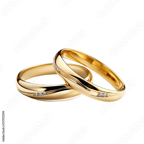 Wedding rings attached together on white or transparent background
