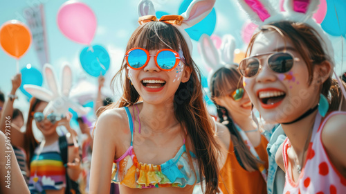 Cosplay events. Asian girls in colorful tops and shorts with bunny ears.