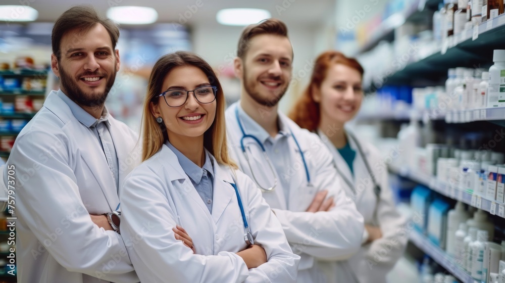 Portrait of a group of smiling pharmacist in a drug store Portrait of a group of smiling pharmacist in a drug store