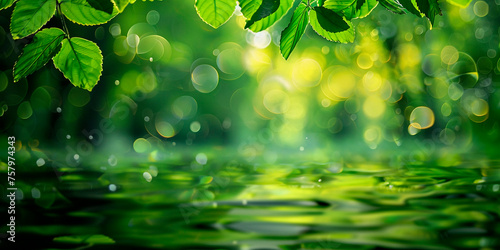 Green background with leaves and water. Beautiful nature background.