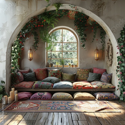 Bohemian reading nook with floor cushions tapestries photo