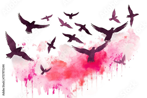 watercolor flying pink isolated silhouette birds flock photo