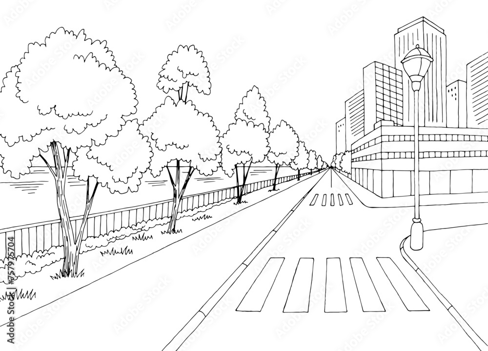 Street near river graphic black white cityscape skyline sketch illustration vector