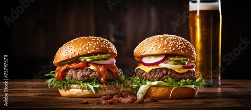 Delicious Hamburgers Stacked with Lettuce and Cheese on a Rustic Wooden Table