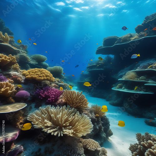 Starfish, reefs and algae on the ocean floor. undersea world