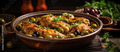 Savory Chicken and Olives in a Rustic Bowl with a Wooden Spoon for Mediterranean Cuisine