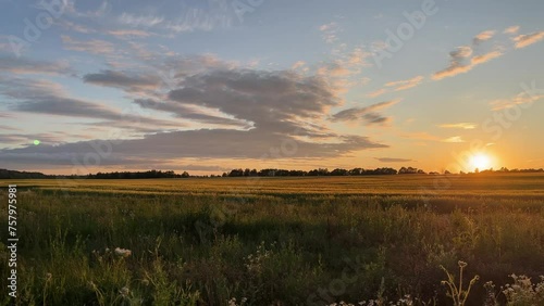 Sunset in nature. Field, clouds, horizon, blue sky with orange sunset in field.