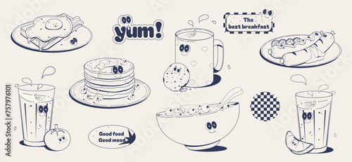 set of groovy characters isolated on a white background: fried eggs, coffee, pancakes and berries, oatmeal, tomato and orange juice, fried sausages.Retro vector illustration in monochrome palette