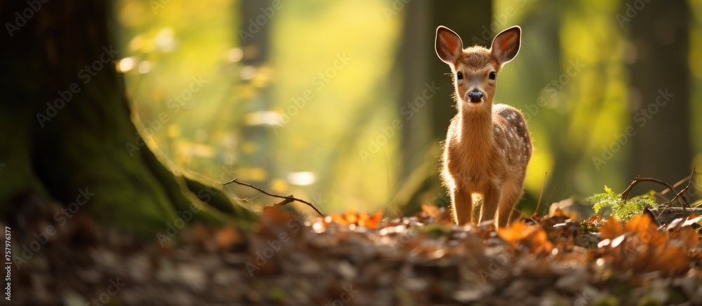 Majestic Deer Serenely Standing Amidst Lush Green Forest Canopy
