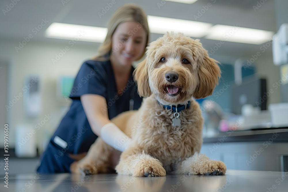 Veterinarian with a golden doodle dog in her veterinary office during a routine check-up Veterinarian with a golden doodle dog in her veterinary office during a routine check-up