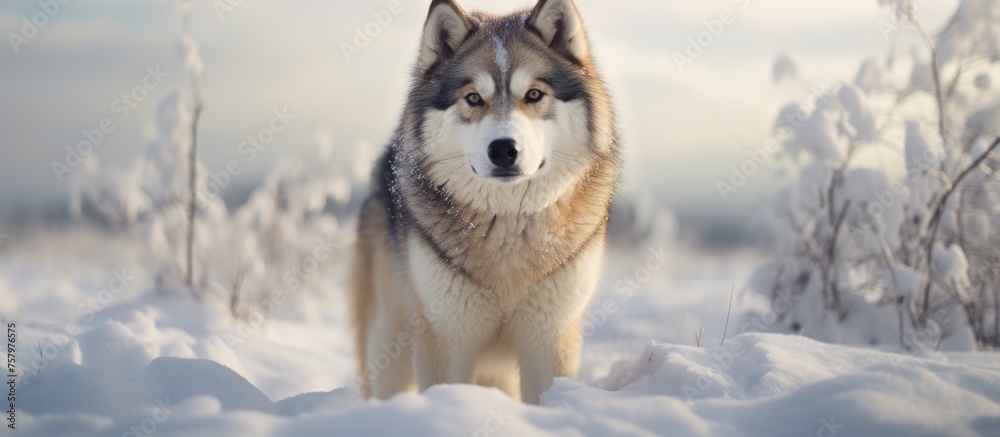 Majestic Husky Contemplates the Winter Wonderland Standing Proudly in the Snow