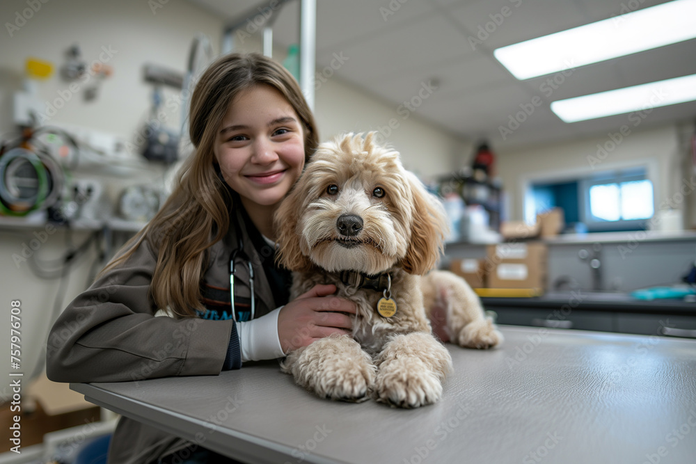 Veterinarian with a poodle dog in her veterinary office during a routine check-up Veterinarian with a poodle dog in her veterinary office during a routine check-up