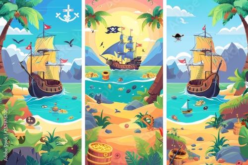 A set of pirate party kid's adventure cartoon flyers with a treasure chest on a secret island, a filibuster ship with jolly Roger flags and cannons, an invitation to a children's event in modern