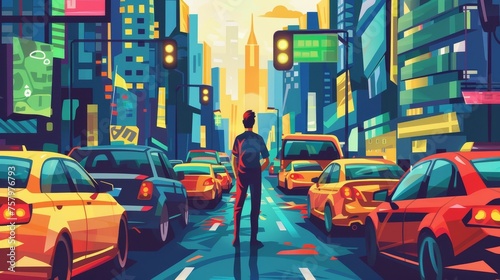 It's rush hour on busy city streets. An angry man stands stuck on the road, late on his way to work. There's lots of auto transport, slow heavy movement, slow vehicle flow in downtown. Modern