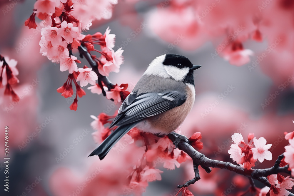 Fototapeta premium Close up photo bird sitting on branch of cherry blossom. Titmouse on blooming sakura with pink flowers in spring season. Hanami festive banner concept. Spring wildlife birds concept. Japanese nature