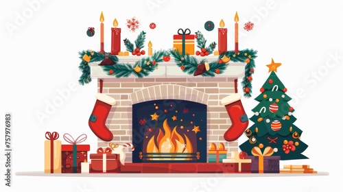 Warm fire, fireside with Xmas fir tree, festive decorations, candles, gifts. Flat modern illustration isolated on white.