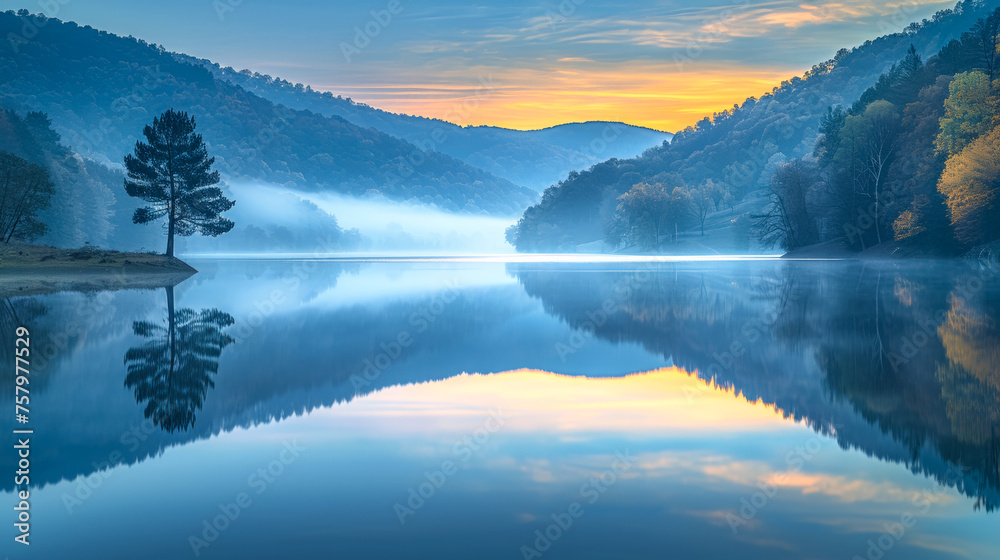 A serene lake at dawn, surrounded by mountains with reflections of pastel skies and the silhouette of a lone pine on the water's surface