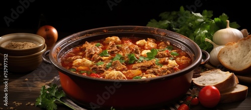 Homemade Comfort: Hearty Stew with Crusty Bread and Fresh Vegetables - Delicious Family Meal