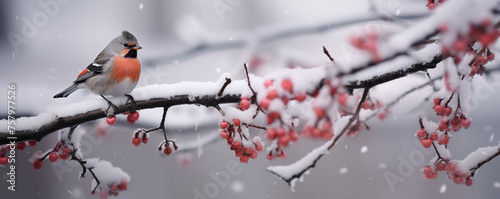 Close up photo of bird sitting on branch with red berries in snow. Bullfinch, Robin, Redstart on a ashberry, hawthorn berries, rowan tree branch in cold frost. Life of wild birds in winter concept. photo