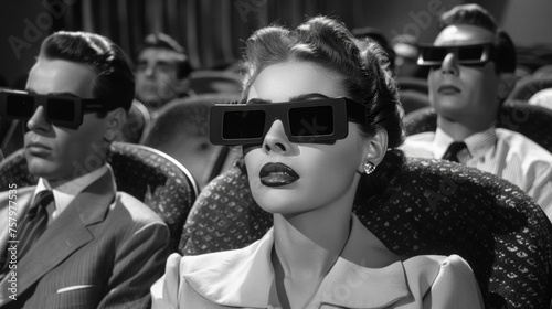 vintage people watching movie in the cinema wearing 3d black lens glasses