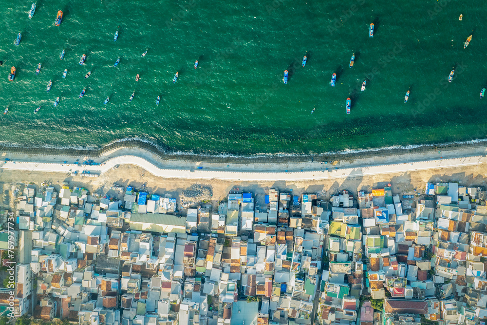 February 15, 2024: scene of a fishing village located on the coast of Nha Trang city, Vietnam in the afternoon