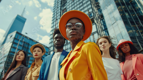Bottom-up perspective view. Stylish photo of people against the background of a skyscraper. AI