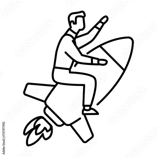 Self-starter Go-getter Employee concept, person sitting rocket and flying Breaking Records vector design, Boosting productivity abilities Symbol, business motivation Sign, Enterprise impetus stock