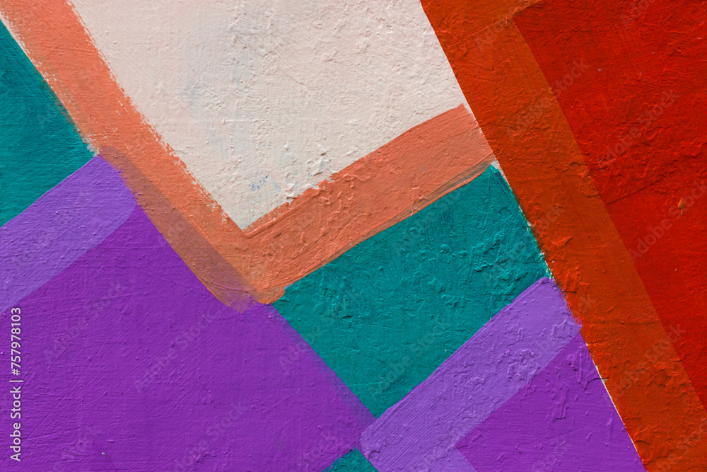 Fototapeta premium Close up of a geometric mural paint, wall textured background, small part of a big colorful street art graffiti on wall.