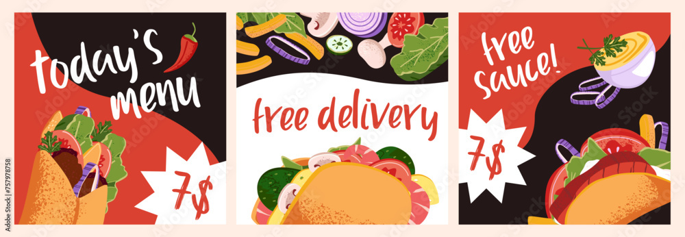 Template of leaflets of discounts, sales set. Prices of shawarma on advertising fastfood cards. Coupons with special offers, gifts of in doner kebab. Flyers of fast food. Flat vector illustrations