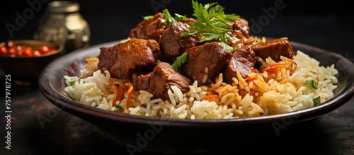 Delicious Homemade Meal of Rice and Meat Served with Flavorful Sauce on a Rustic Plate