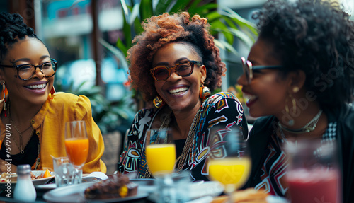 Portrait of 3 beautiful black women at brunch having a great time. Girls laughing with their friends photo